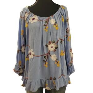 LIv Los Angeles Plus 1X Top Blue Embroidered Floral 3/4 sleeve Ruffle Relaxed